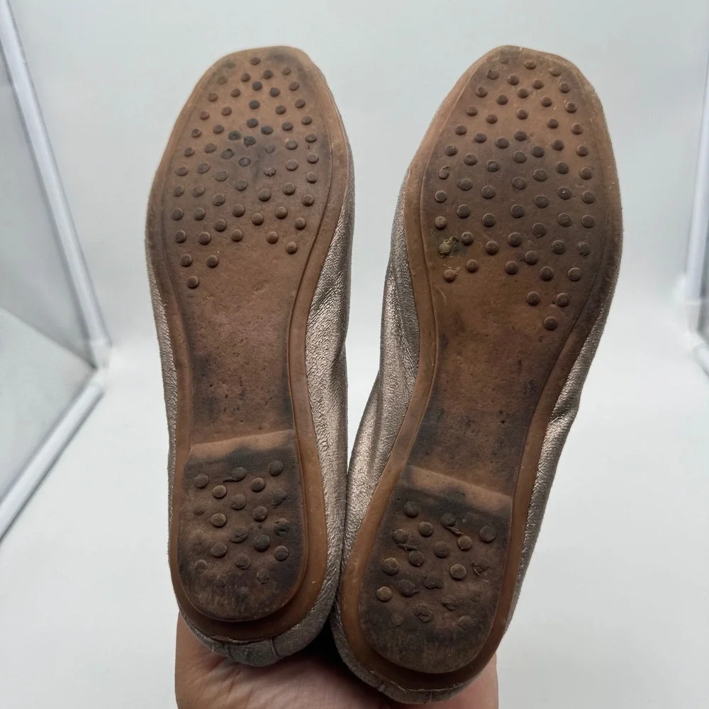 Tory Burch Metallic Pewter‎ Ballet Flats Embellished Logo Women's Shoes